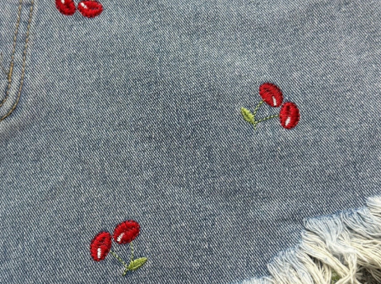 Cherry Embroidered Frayed Denim Shorts