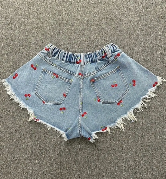 Cherry Embroidered Frayed Denim Shorts