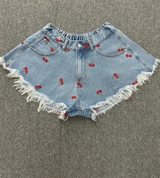 Cherry Embroidered Frayed Denim Shorts