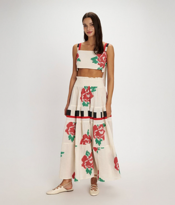 Ivory Rose-Print Crop Top & Tiered Maxi Skirt Set