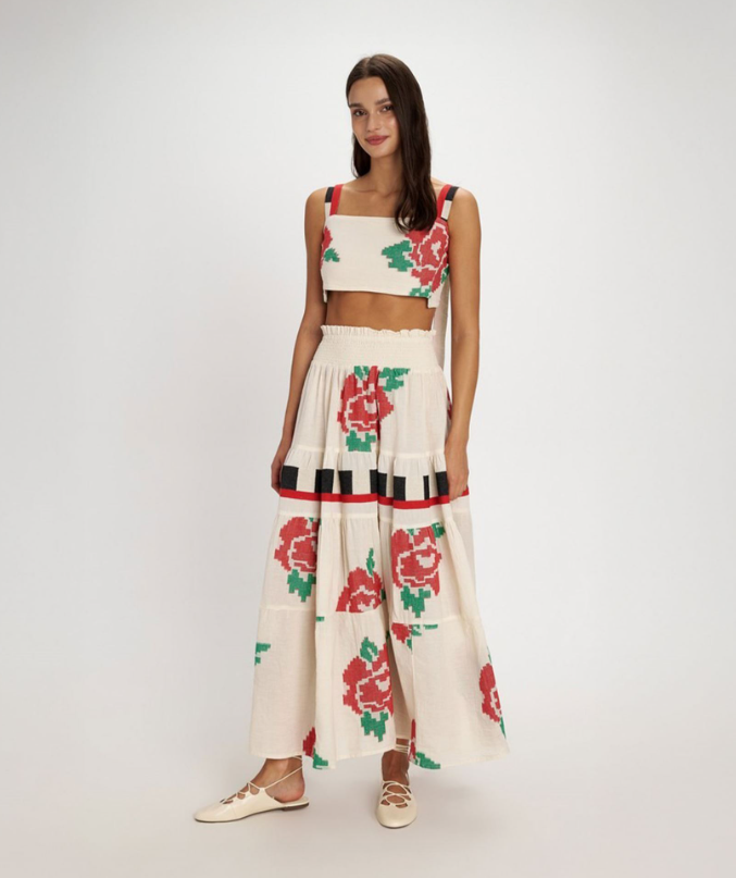 Ivory Rose-Print Crop Top & Tiered Maxi Skirt Set
