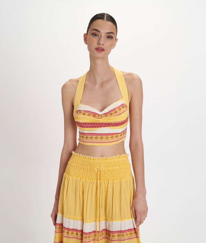 Yellow & Coral Striped Bandeau Top & Tiered Maxi Skirt Set