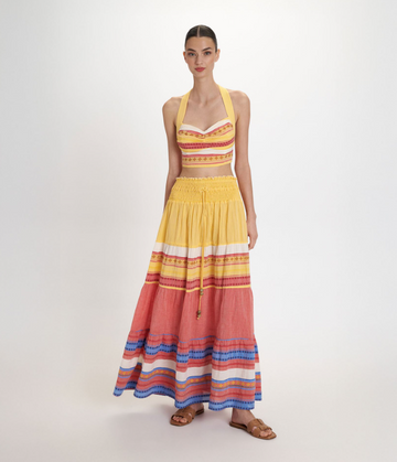 Yellow & Coral Striped Bandeau Top & Tiered Maxi Skirt Set