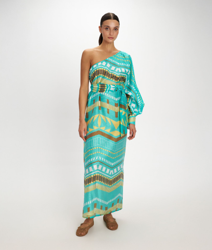 Turquoise Printed One-Shoulder Maxi Dress
