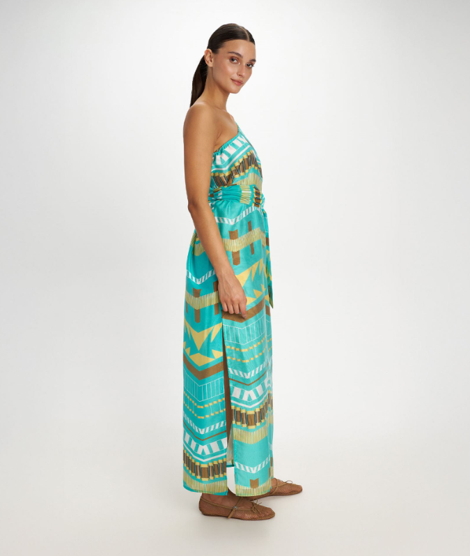 Turquoise Printed One-Shoulder Maxi Dress