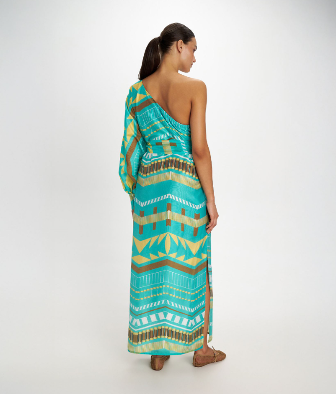 Turquoise Printed One-Shoulder Maxi Dress