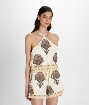 Ivory Shell-Embroidered Halter Romper