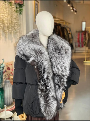 Luxurious down jacket with silver fox fur