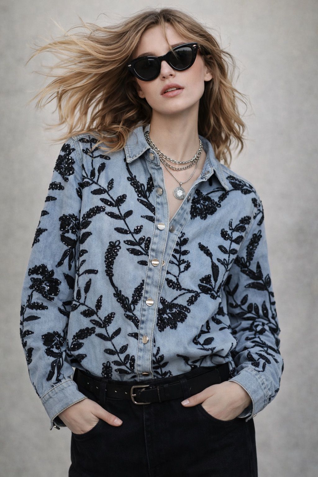 Midnight Bloom Denim Shirt
