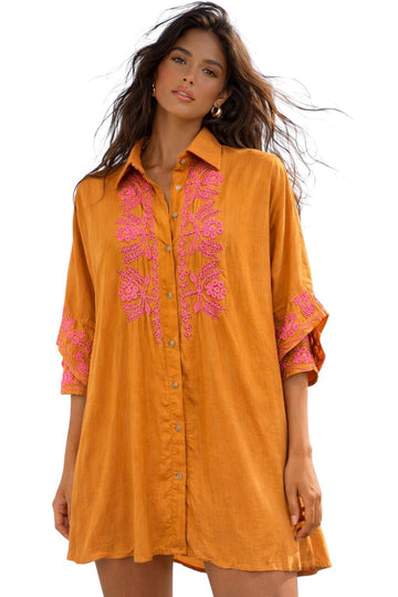 Orange Linen Embroidered Tunic Shirt