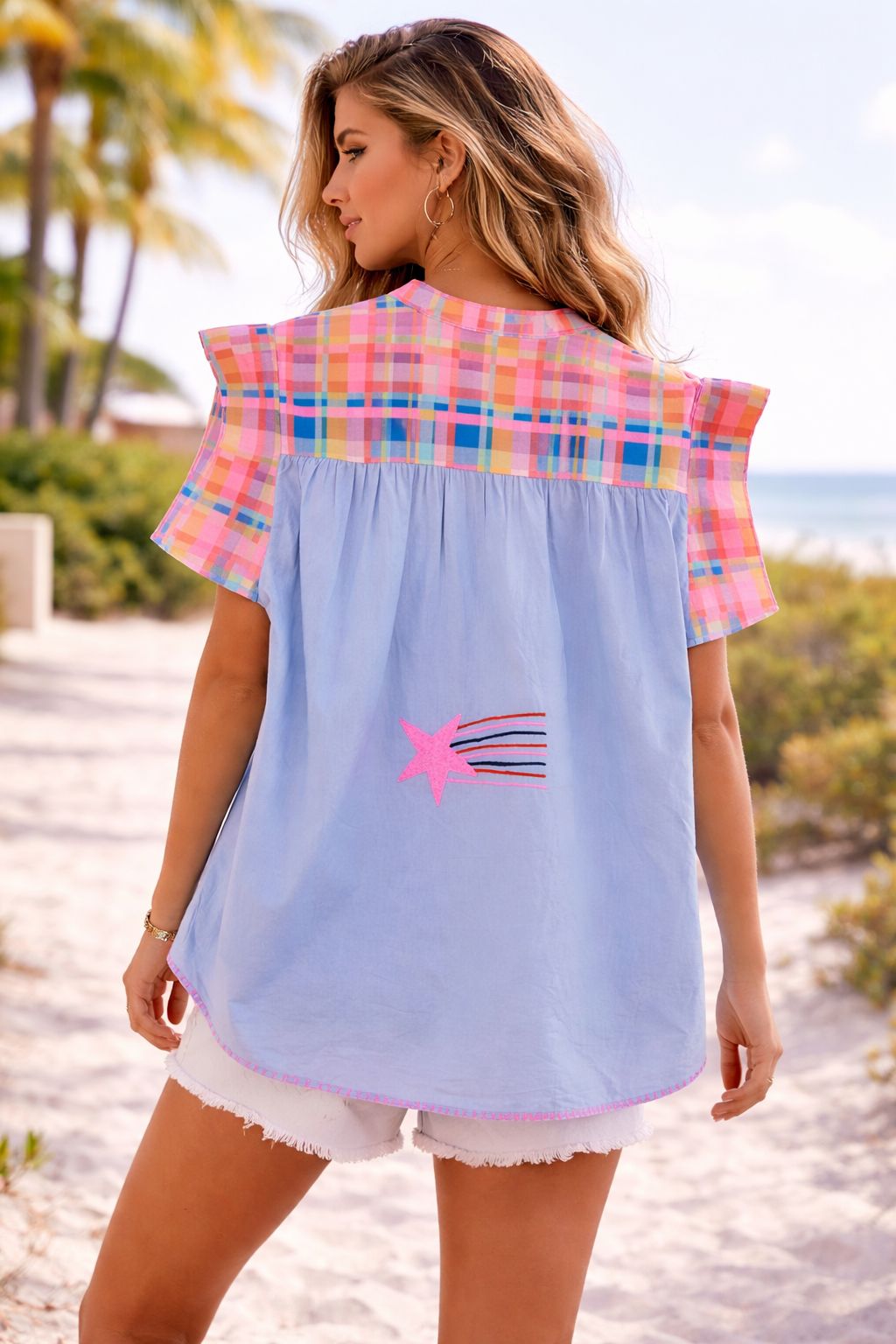 Light Blue Embroidered Beach-Themed Blouse