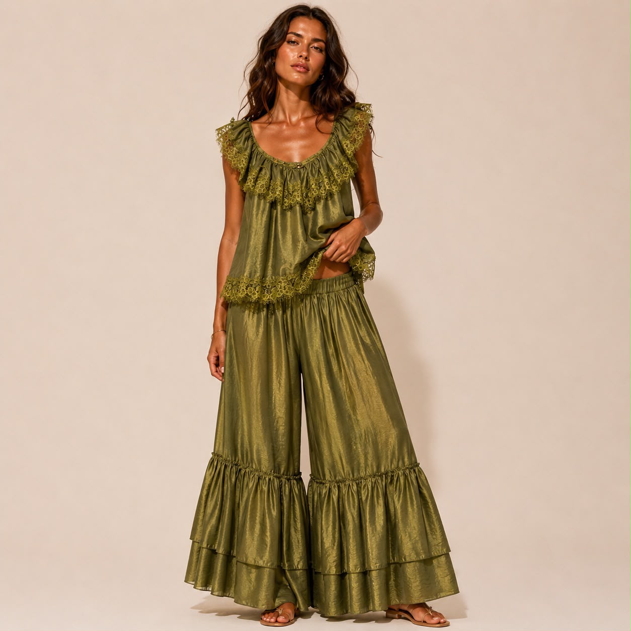 Olive Lace-Trim Two-Piece Set