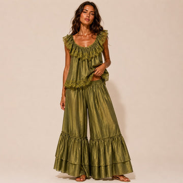 Olive Lace-Trim Two-Piece Set