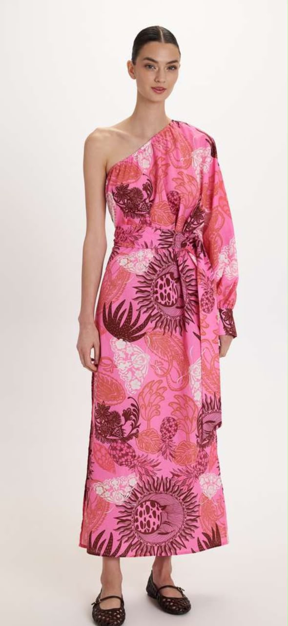 Pink Tropical Print One-Shoulder Maxi Dress