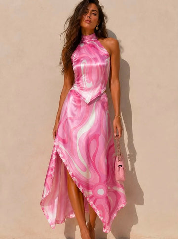 Pink Swirl Print Satin Halter Two-Piece Set