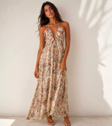 Floral Print Deep V-Neck Halter Maxi Dress