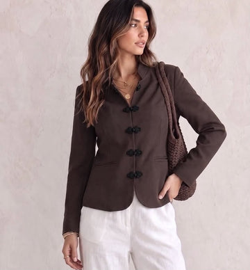 Frog Button Mandarin Collar Blazer – Brown