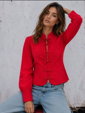 Frog Button Mandarin Collar Blouse – Red
