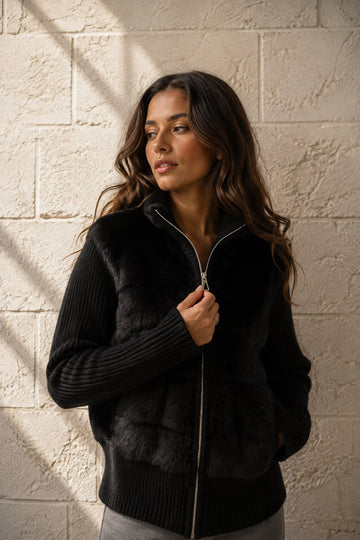 Faux Fur Zip-Up Jacket – Black