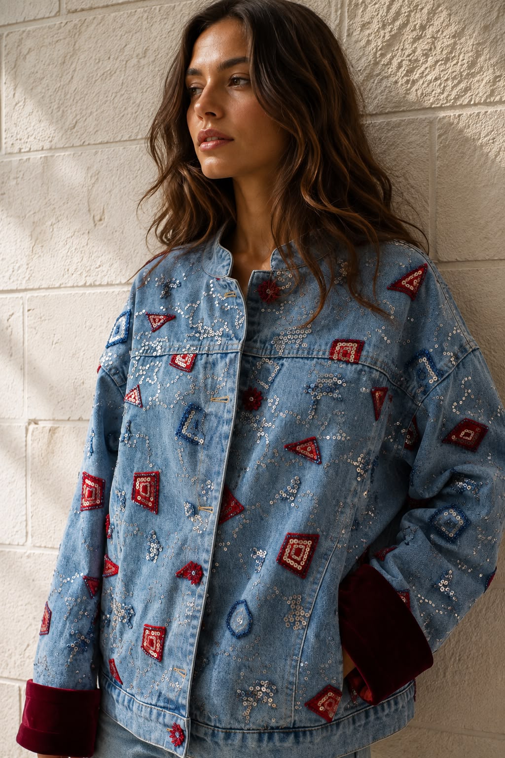 Embellished Sequin & Velvet-Trim Denim Jacket