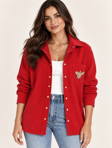 Corduroy Snap-Button Shirt Jacket – Red