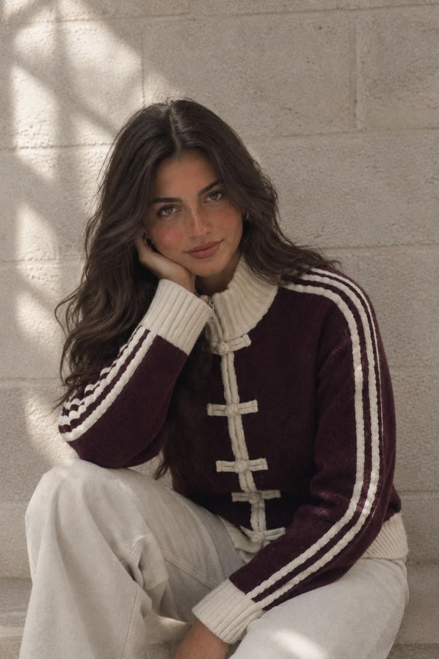 Frog-Button Varsity Stripe Knit Cardigan