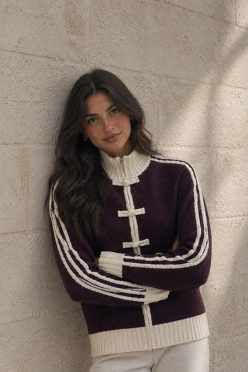 Frog-Button Varsity Stripe Knit Cardigan