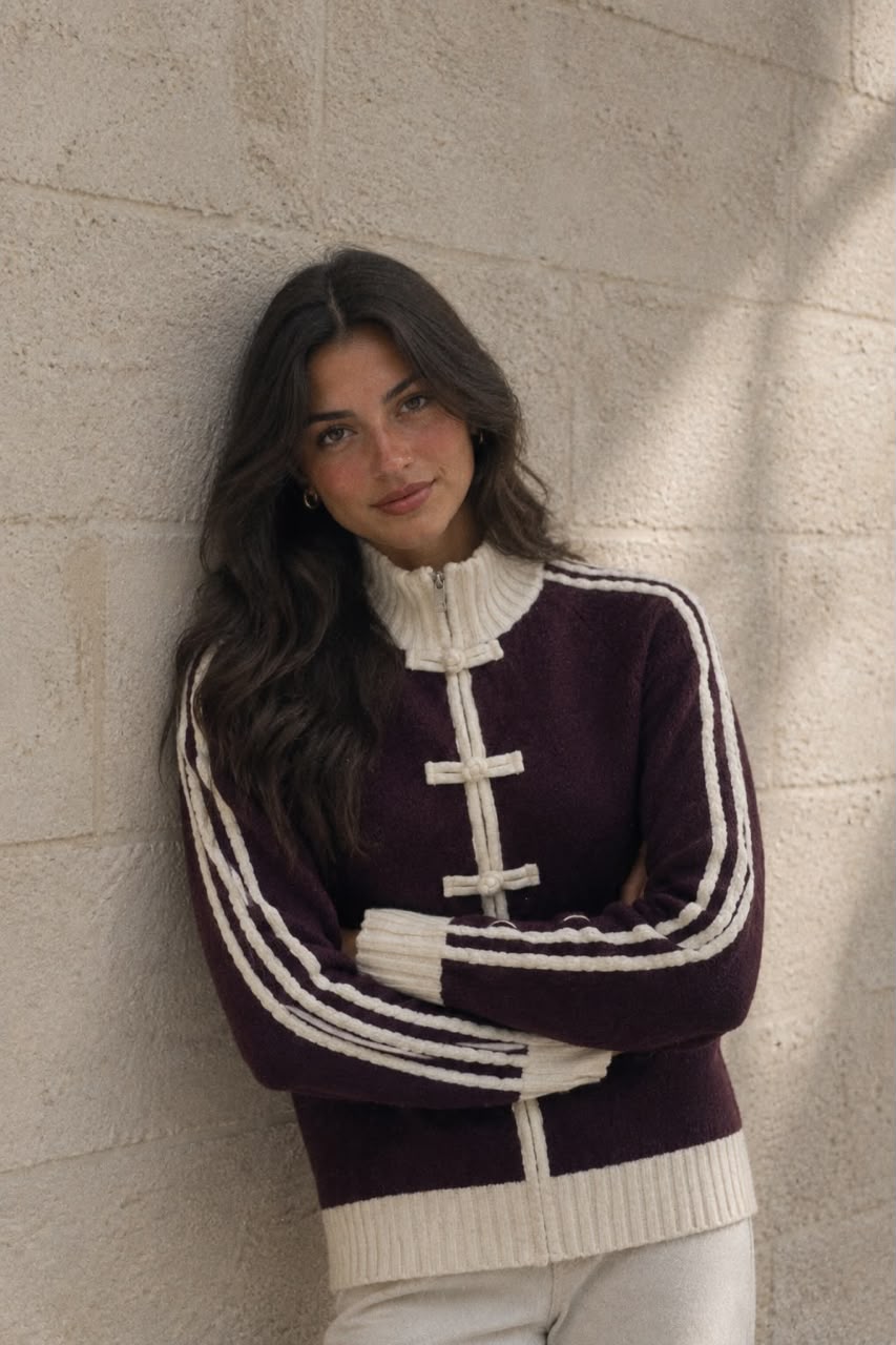 Frog-Button Varsity Stripe Knit Cardigan