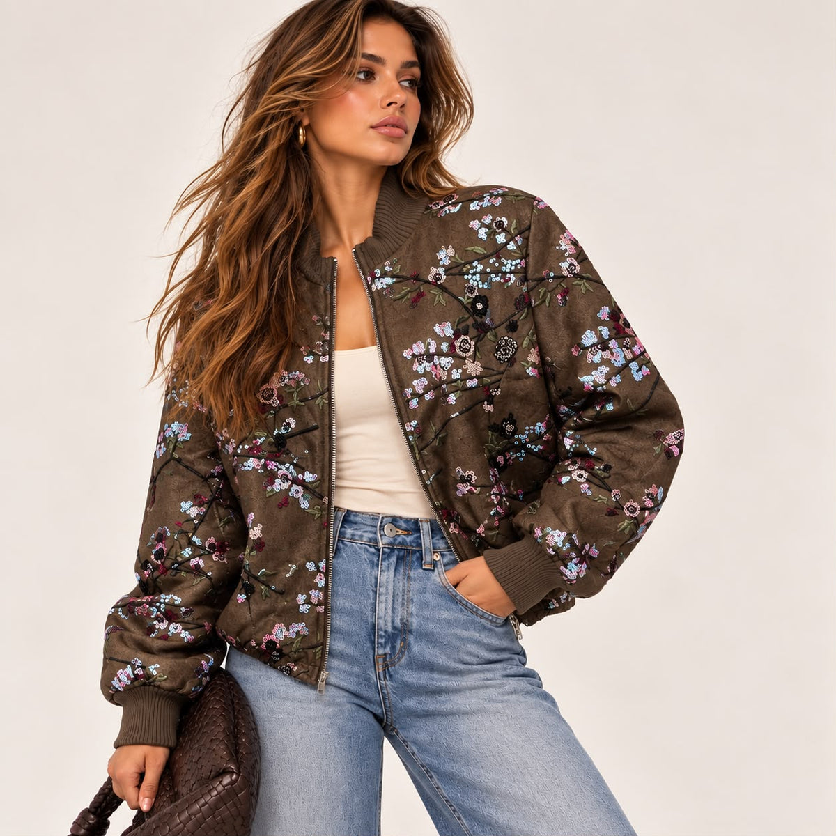 Blossom Branch Sequin Bomber Jacket