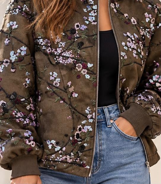 Blossom Branch Sequin Bomber Jacket