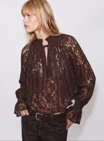 Chocolate Lace Tie-Neck Blouse