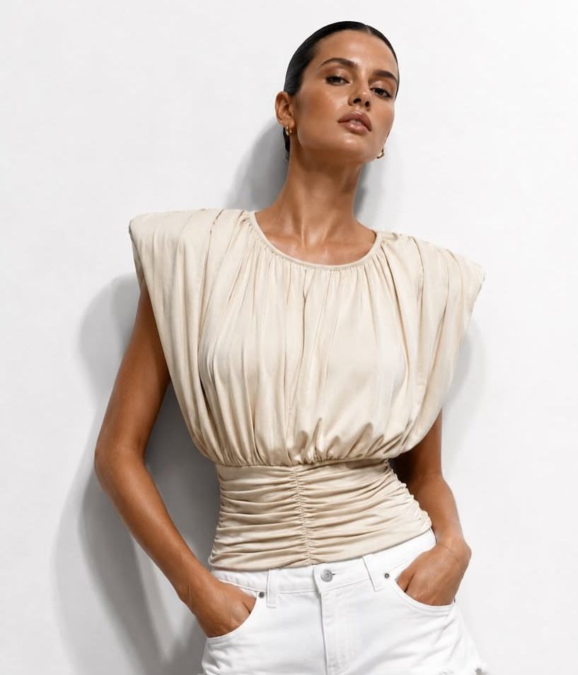 Cream Padded Shoulder Rushed Waist Blouse
